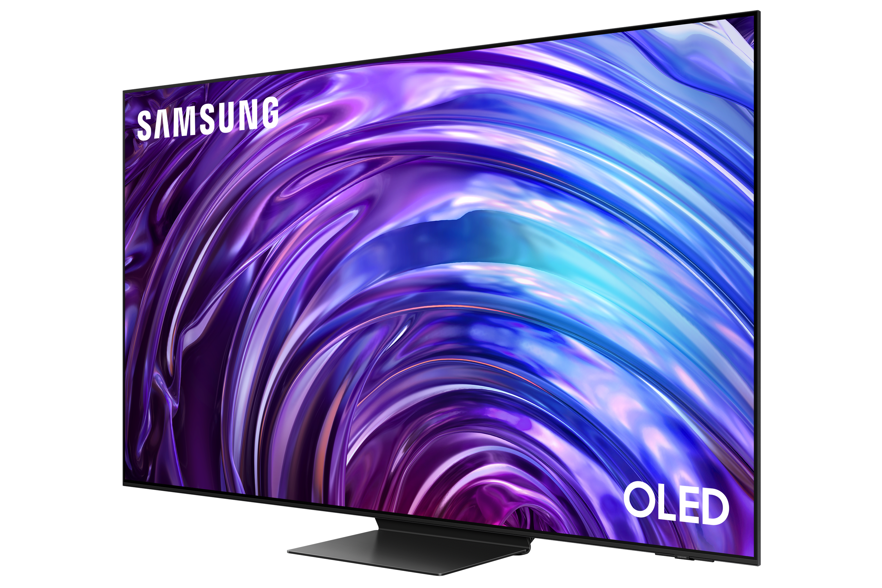 Telewizor OLED Samsung, czarna ramka, zakrzywiony ekran, fioletowo-niebieski wyświetlacz.