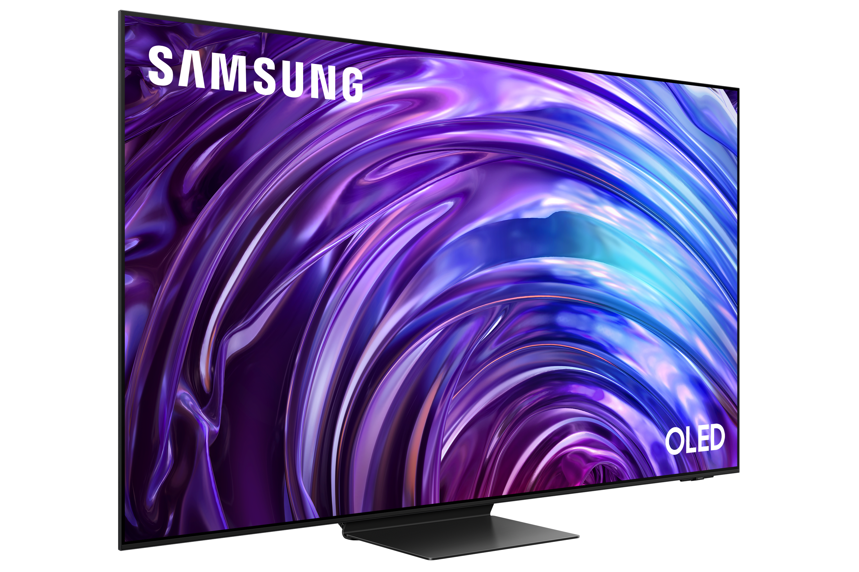 Telewizor OLED Samsung, czarna ramka, zakrzywiony ekran, fioletowo-niebieski wyświetlacz.
