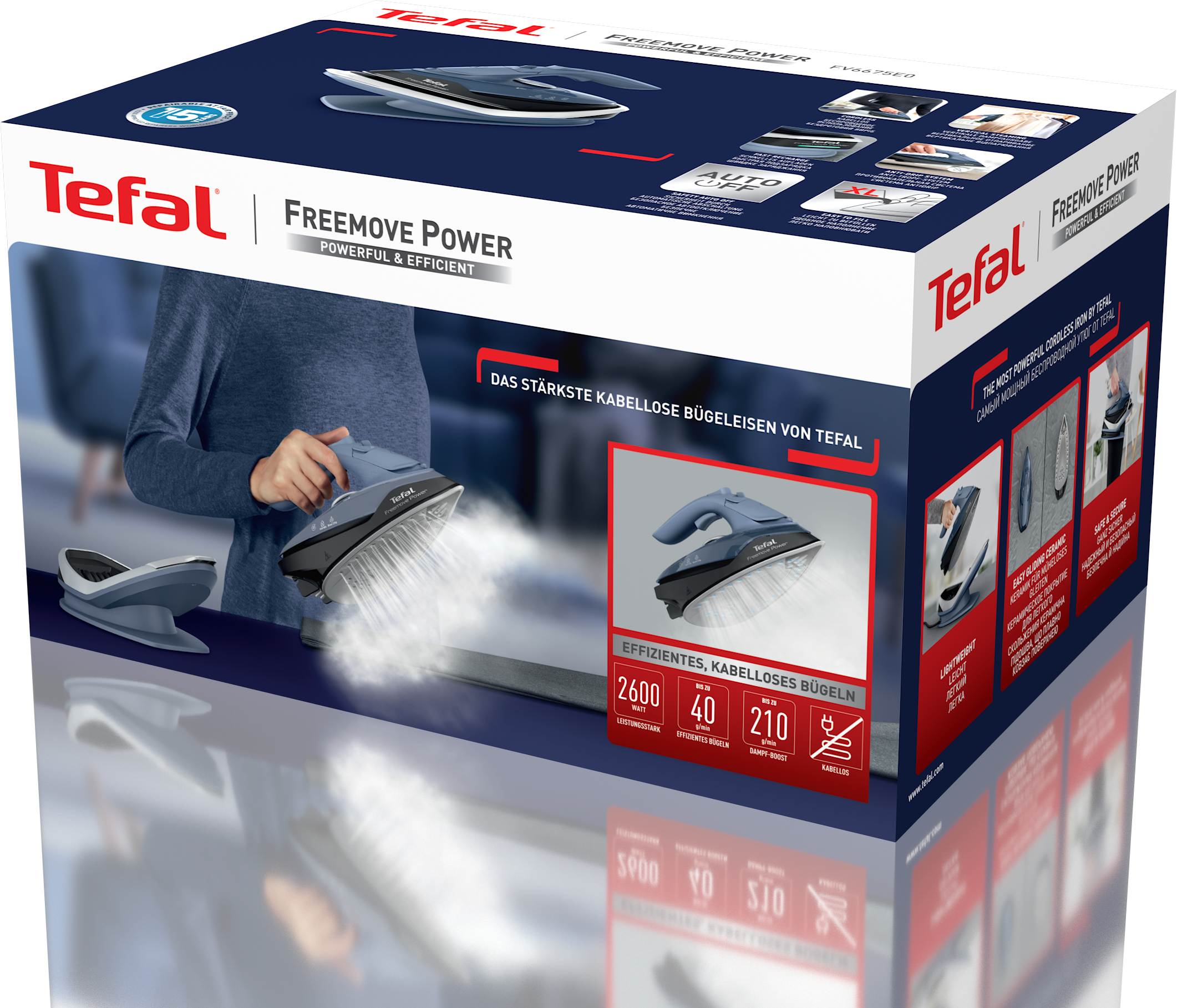 Tefal Freemoove Power vasaló doboz. A vasaló gőzöl a pulton. Szöveg és grafika.