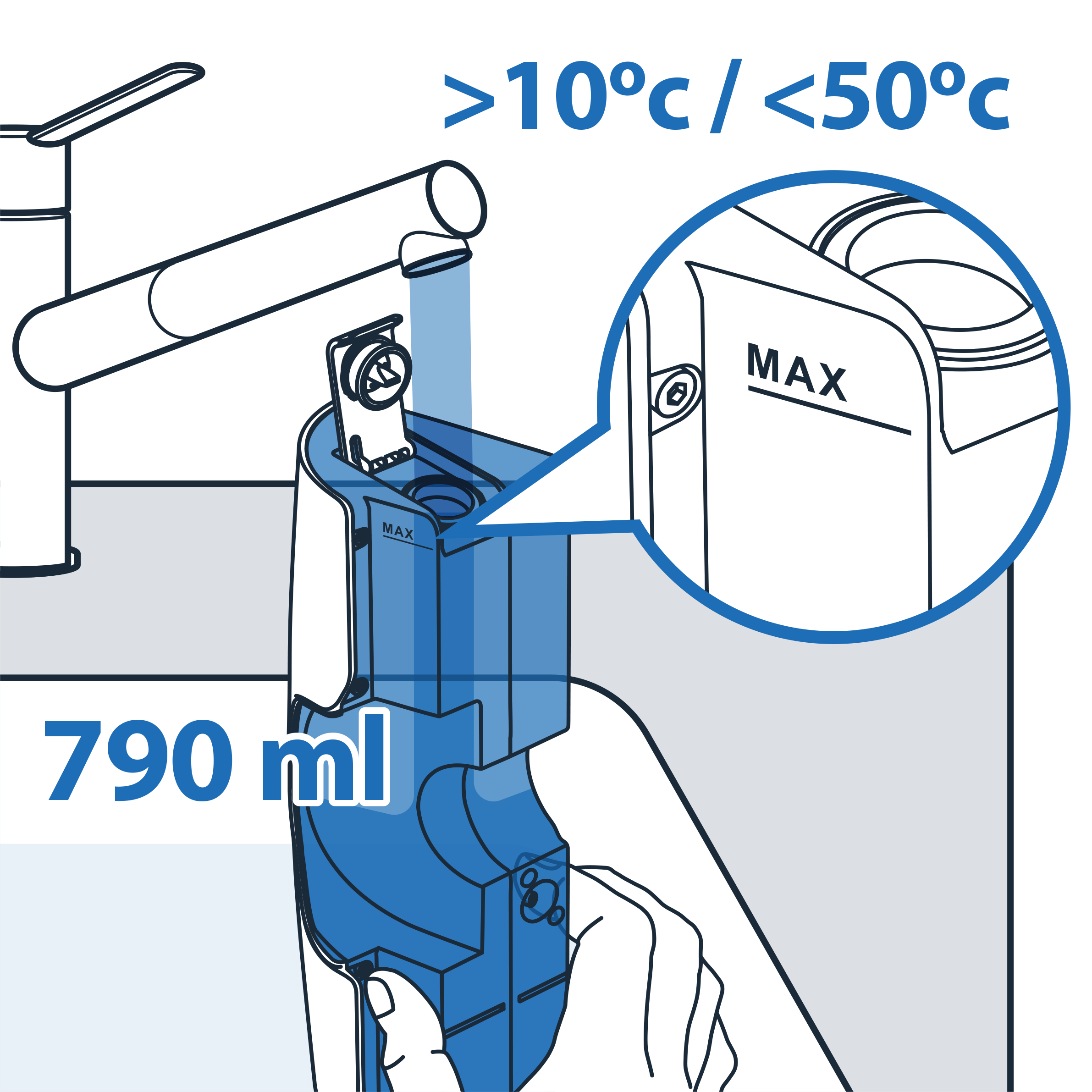 Egy víztartály műszaki rajza a "790 ml" szöveggel és a "MAX" jelölésekkel.