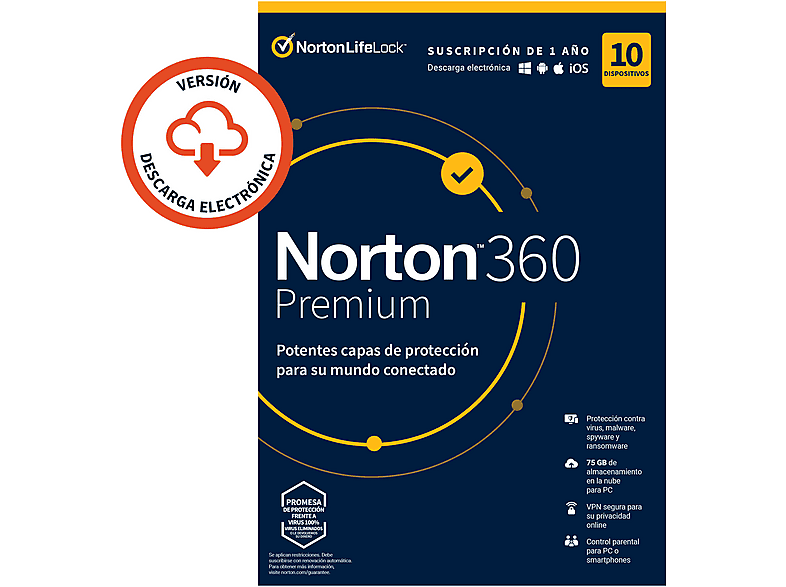 Norton 360 Premium 75GB, 10 dispositivos, 1 año (Código de descarga)