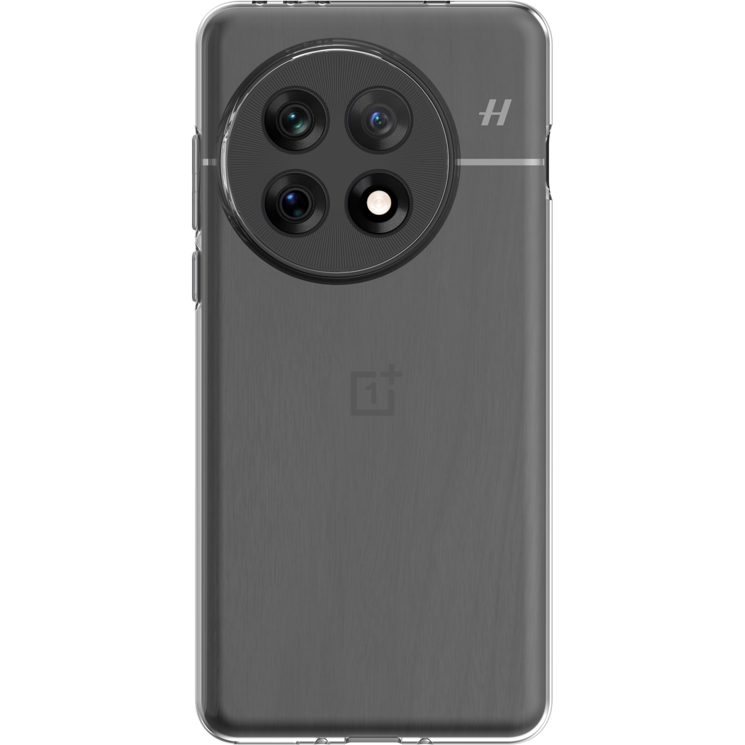 Achterkant van een grijze telefoon met cameramodule en OnePlus-logo.