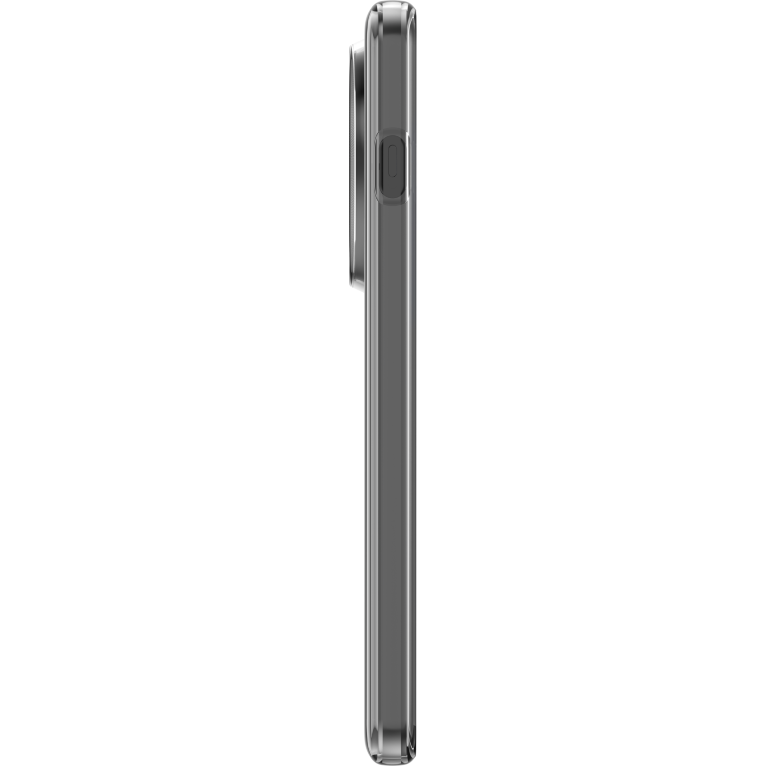 Zijaanzicht van de telefoonhoes. Toont de dikte, knop en het gladde, heldere ontwerp.