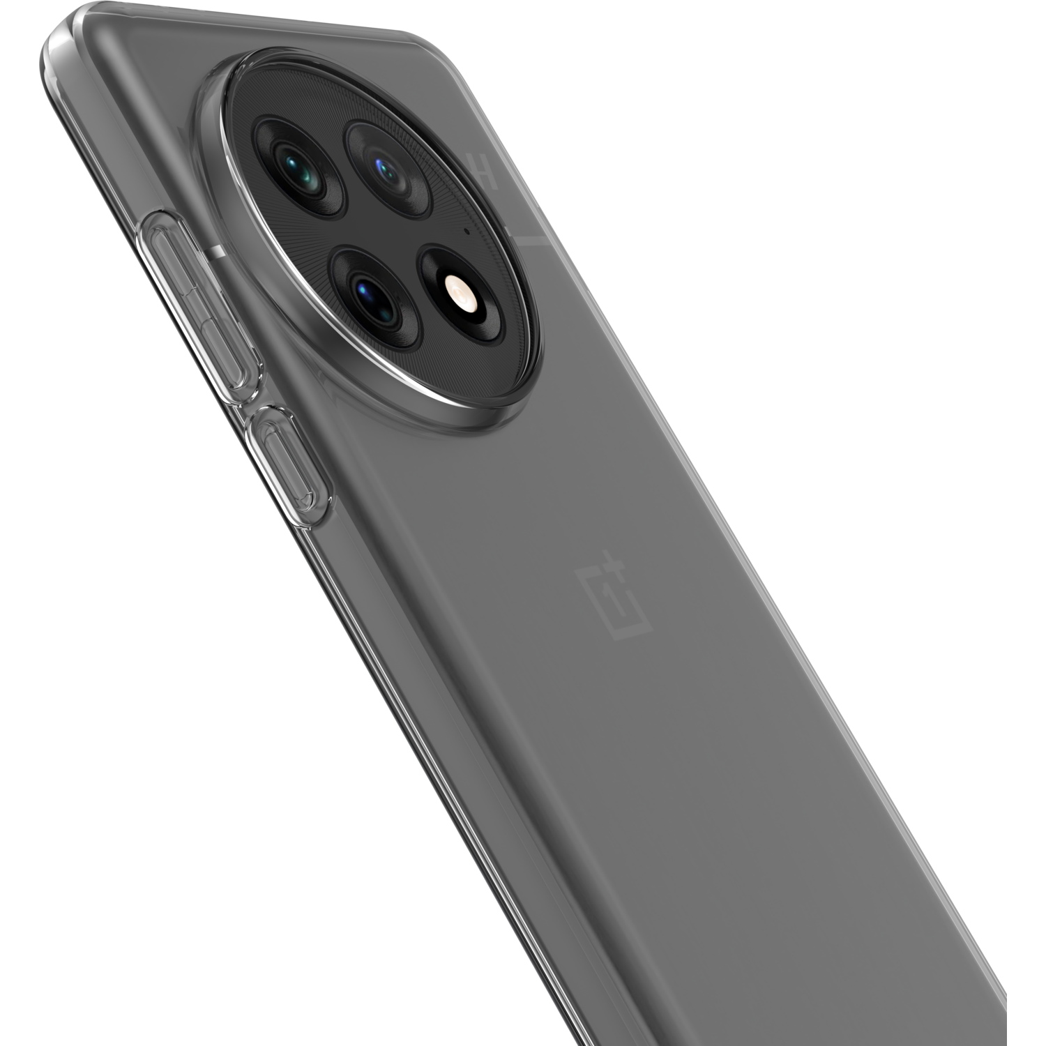 Een doorzichtige telefoonhoes op een telefoon, met de achterkant van de telefoon met de cameralenzen.