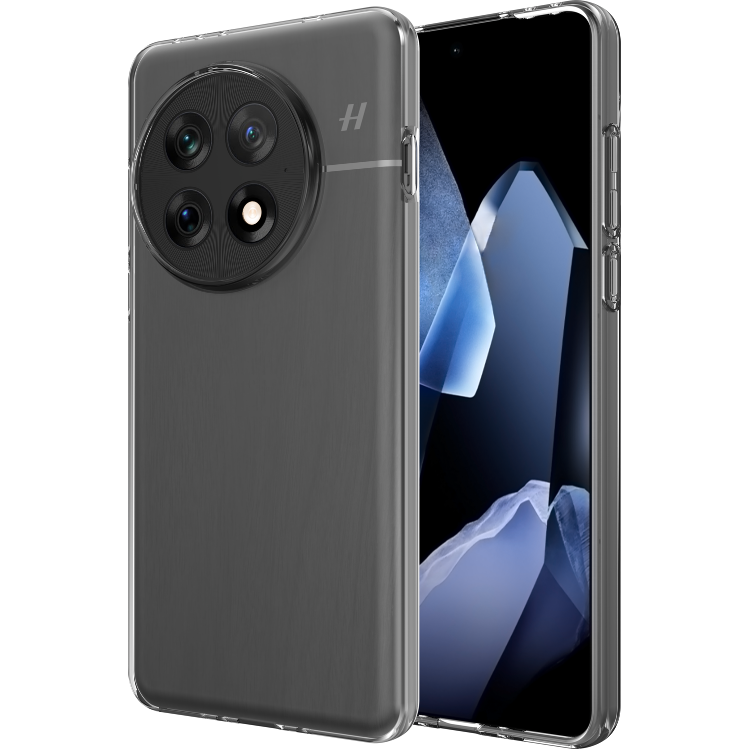 Een smartphone in een doorzichtige hoes. De telefoon heeft een grote cameramodule en een scherm.