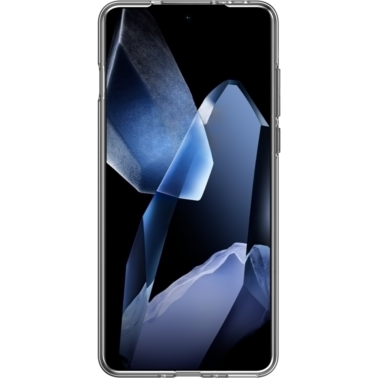 Smartphone met een blauw abstract ontwerp met een glanzende, kristallijne uitstraling.