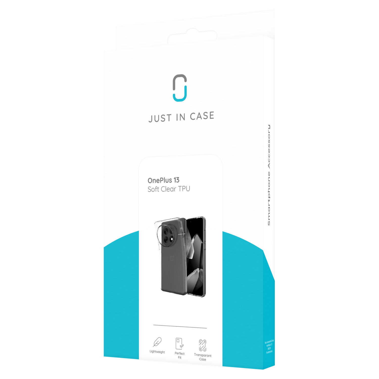 Telefoonhoes verpakking: een hoesje voor OnePlus 13, doorzichtig, met telefoon.