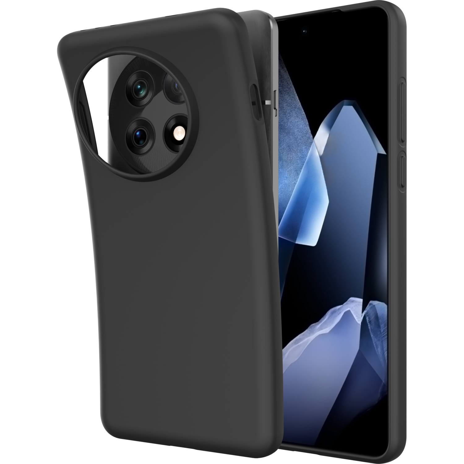 Zwarte telefoonhoes met een zwarte telefoon, waarbij de hoes en telefoon apart worden getoond.