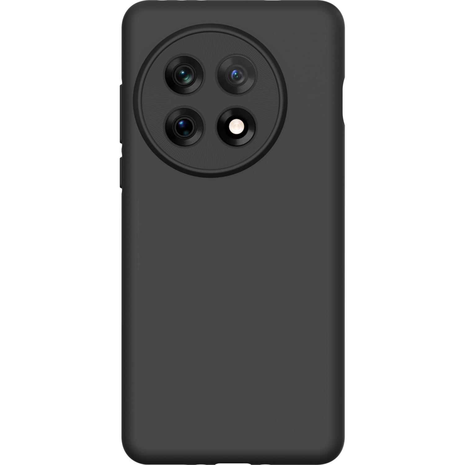Zwarte telefoonhoes met cirkelvormige cameramodule, vier lenzen en een flitser.