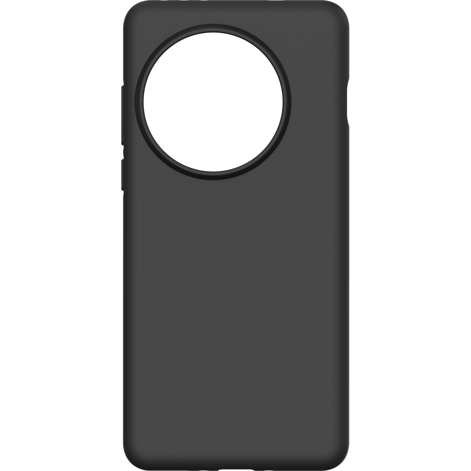 Zwarte telefoonhoes met een cirkelvormige uitsparing voor de camera module.