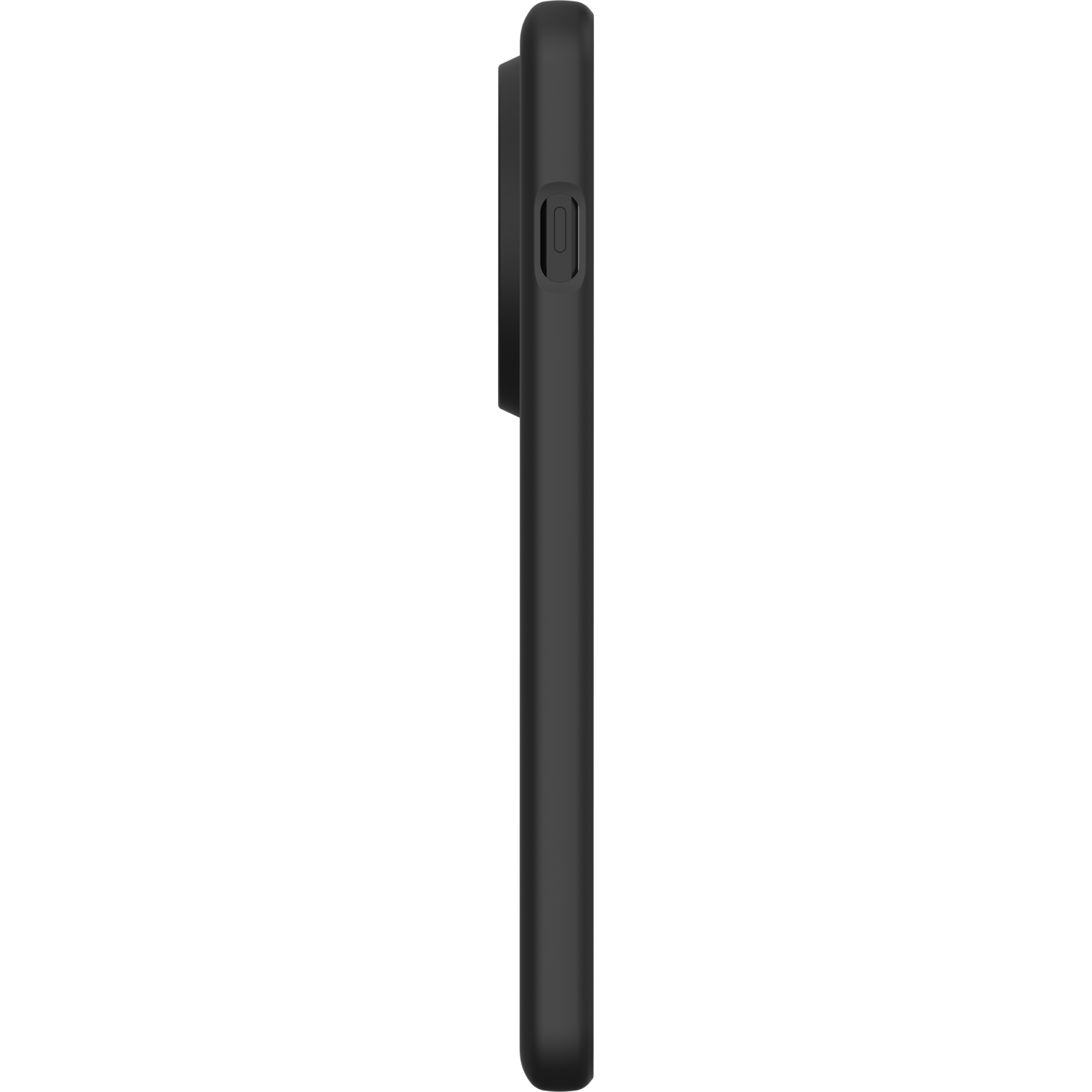 Een zwarte telefoonhoes, zijaanzicht, met een camerabult.