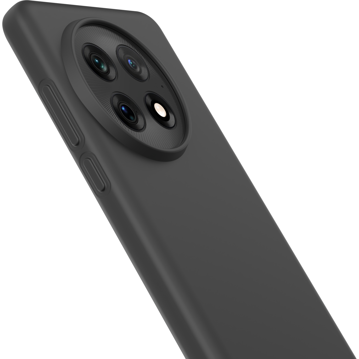 Een zwarte telefoonhoes, achteraanzicht met camerabult.