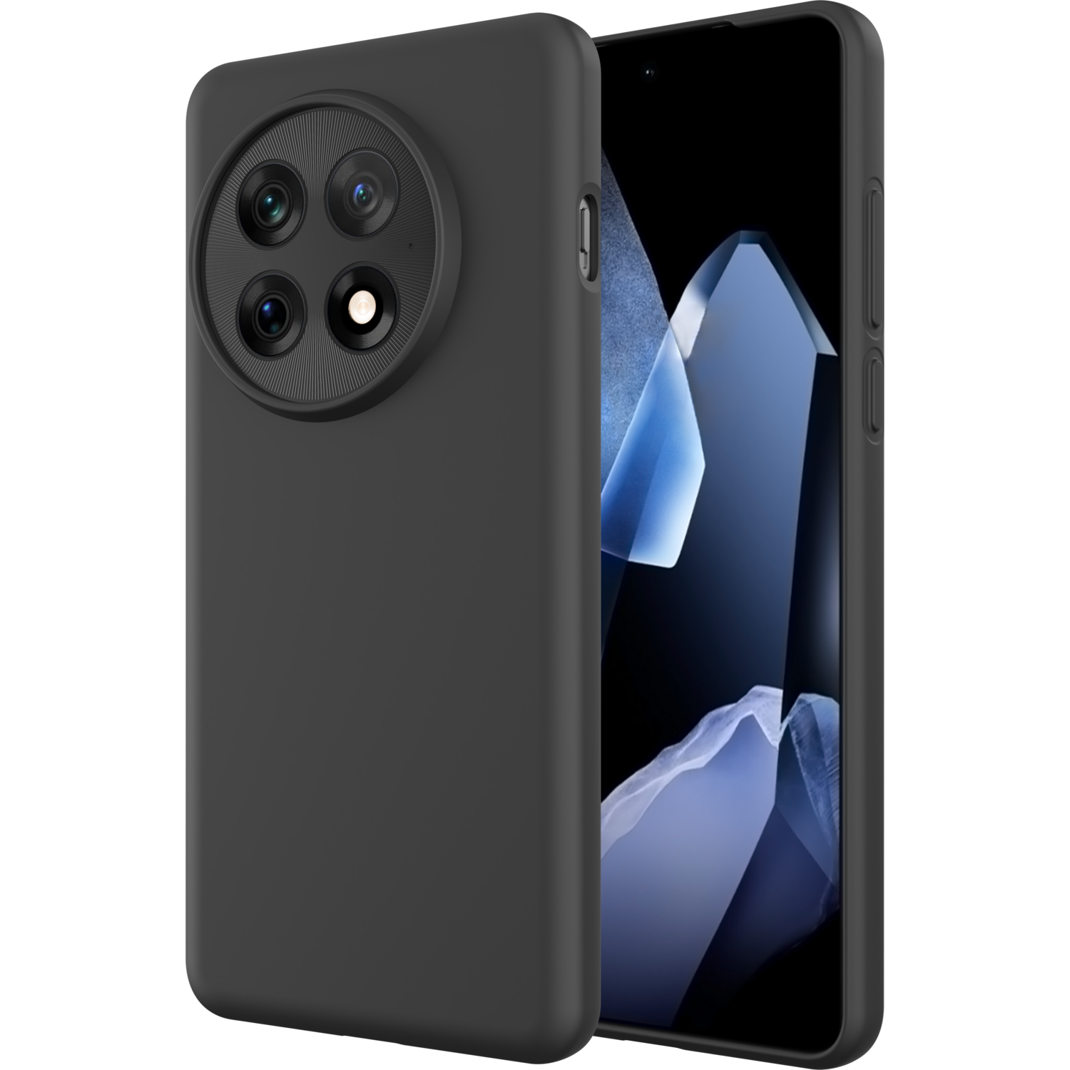 Zwarte telefoonhoes op een telefoon, met cameramodule en telefoonscherm.