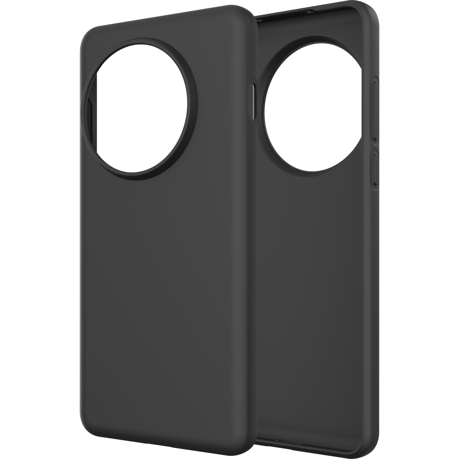 Twee zwarte telefoonhoesjes, leeg, naast elkaar. Ze hebben een uitsparing voor de camera.