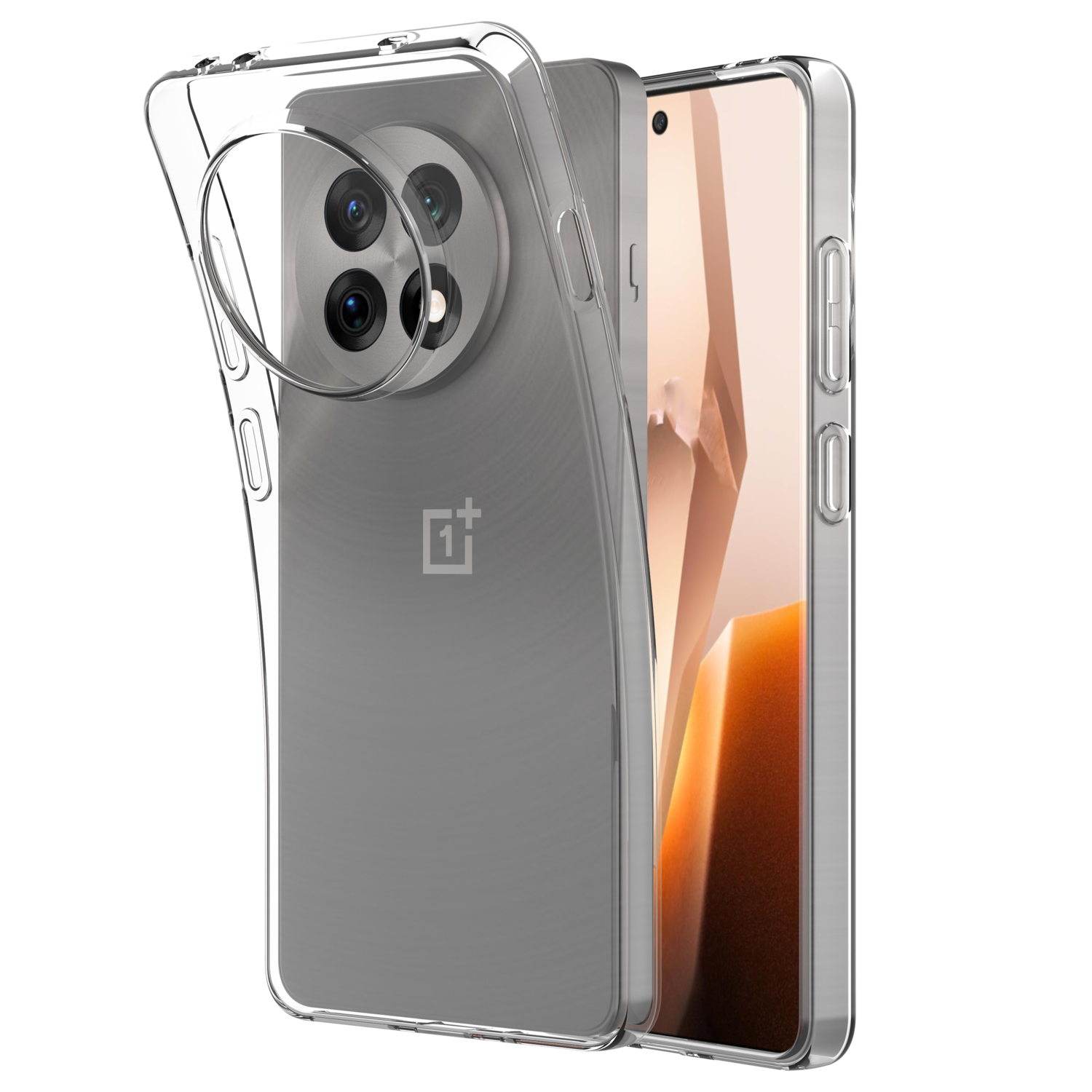 Smartphone dans un étui transparent. Le téléphone a un appareil photo à trois objectifs et un grand écran. OnePlus.