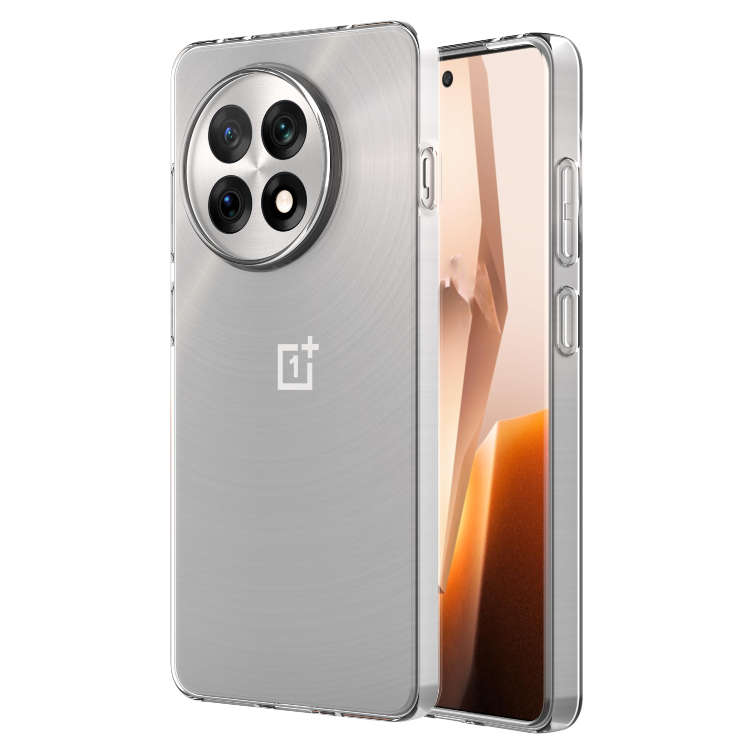 Un téléphone avec un cercle de caméra argenté et une coque transparente.