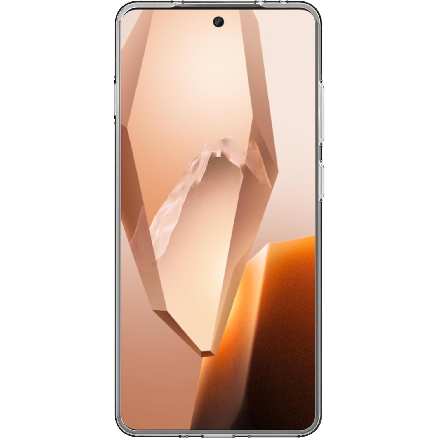 Téléphone avec écran lumineux affichant des formes géométriques abstraites.