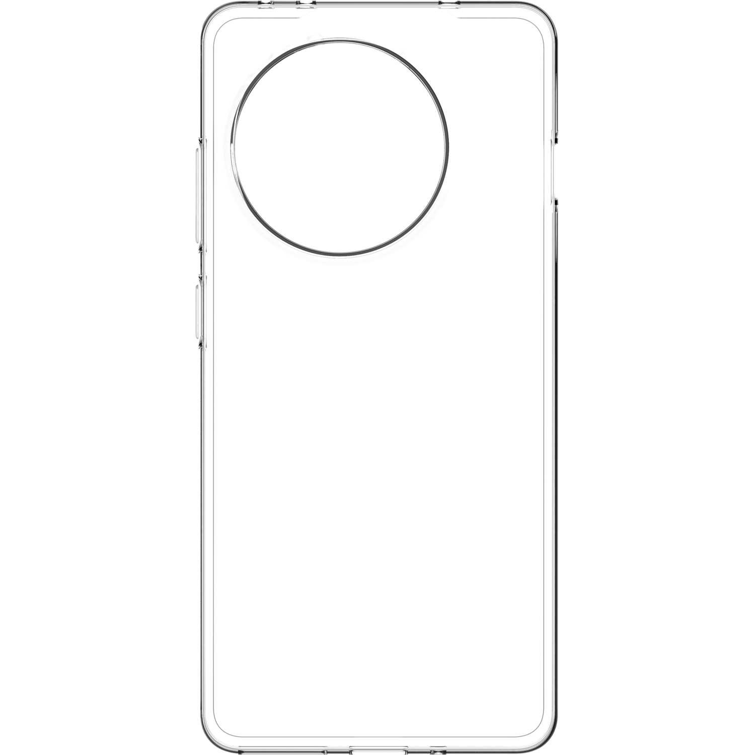 Coque de téléphone transparente, fond noir, avec un cercle pour l'appareil photo.