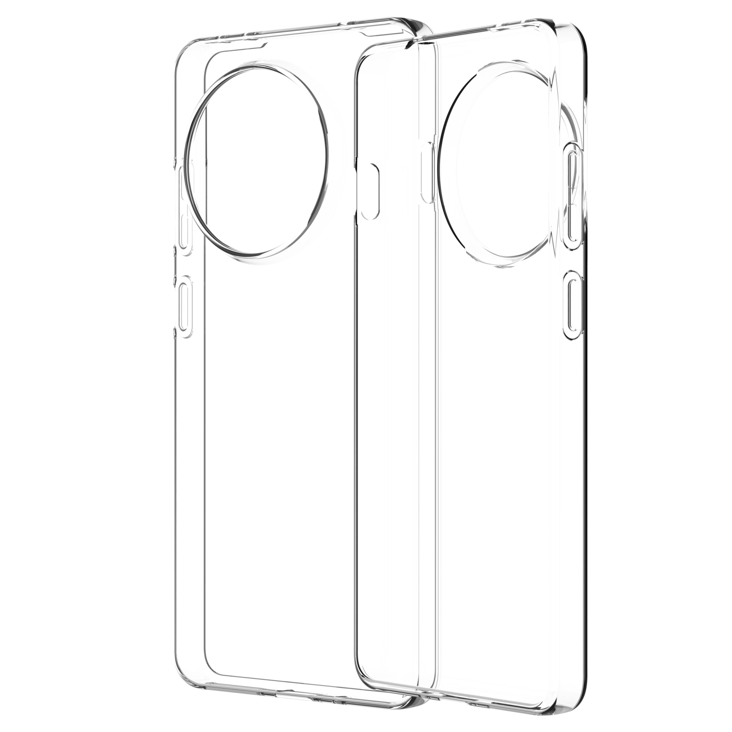 Deux coques de téléphone transparentes, côte à côte, sur fond noir.