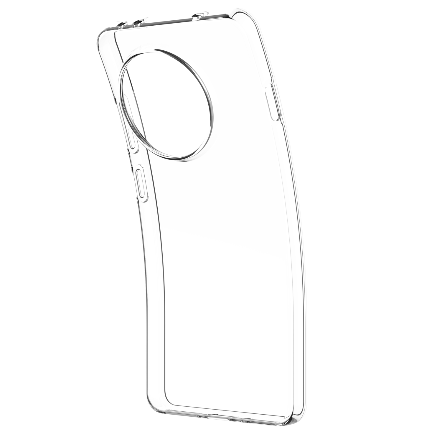 Coque de téléphone transparente, montrant le côté, avec une découpe pour la caméra.