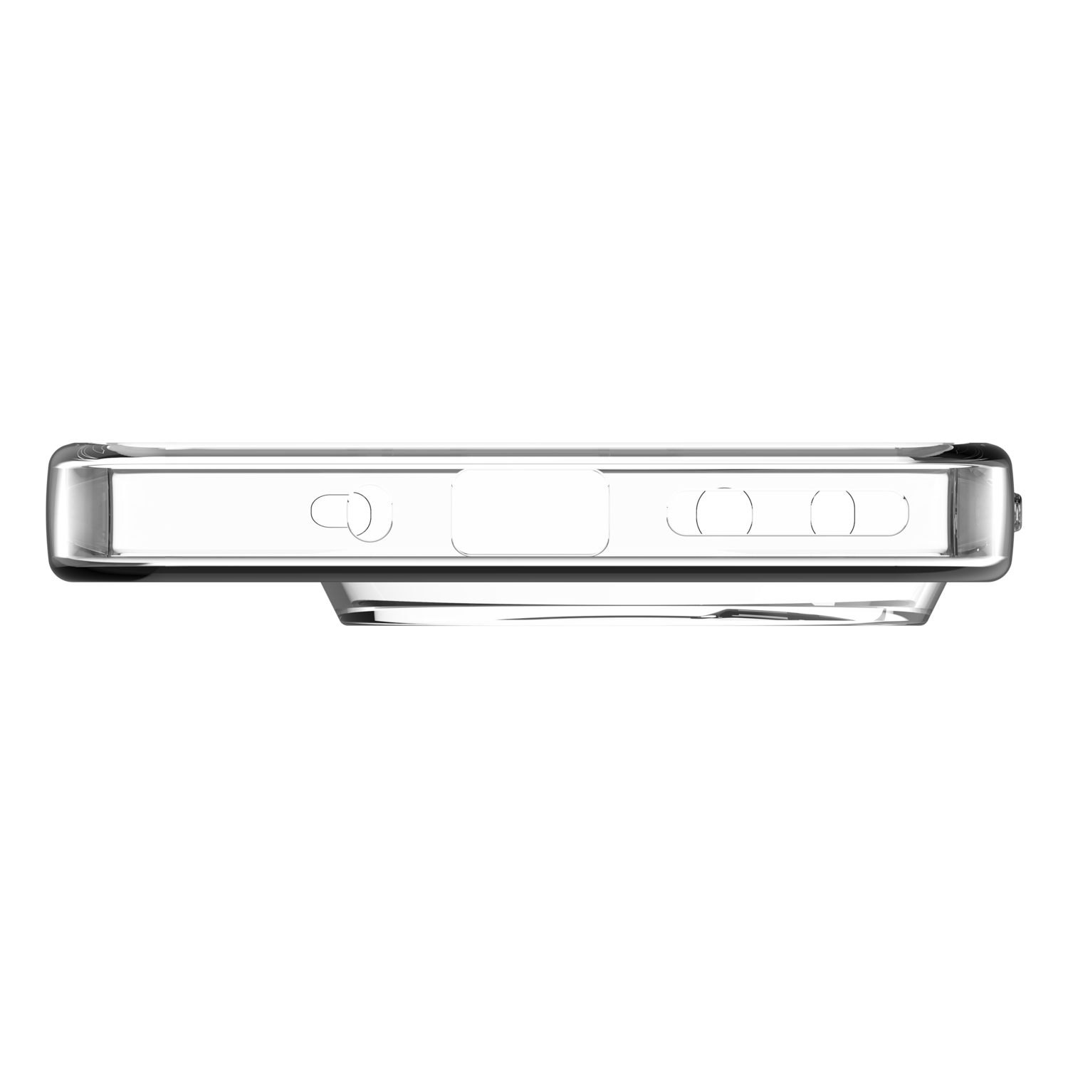 Vue inférieure de la coque du téléphone. Montre les découpes pour les ports et les haut-parleurs.