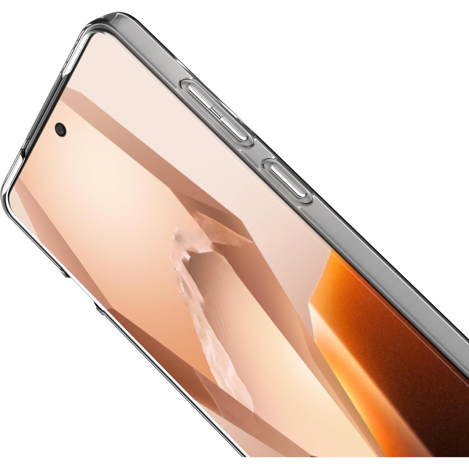 Téléphone avec coque transparente, vue latérale, boutons et écran.