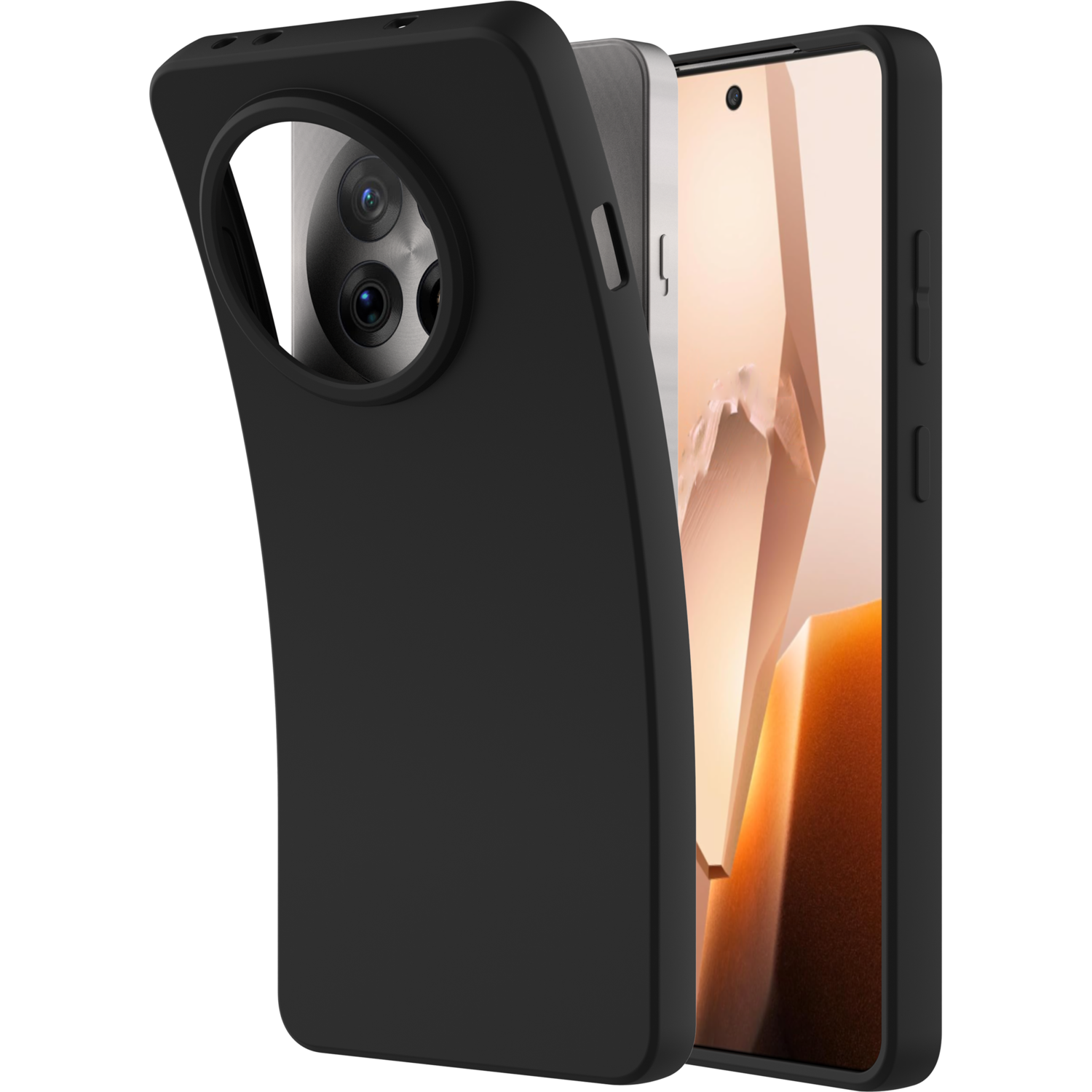 Téléphone noir avec module caméra circulaire et coque noire, partiellement ouvert, affichant le téléphone.