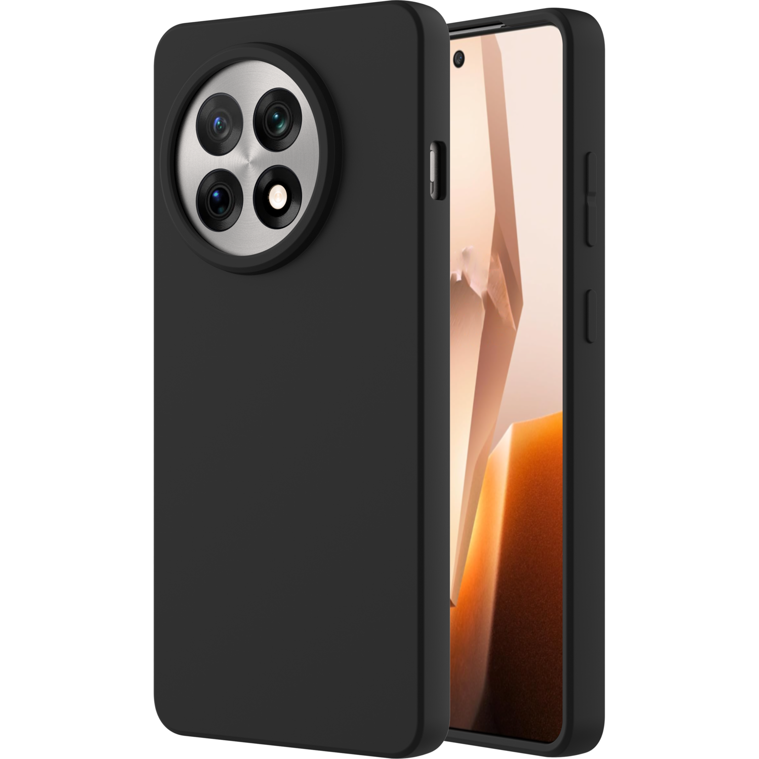 Coque de téléphone noire avec un téléphone à l'intérieur. Le fond est blanc.