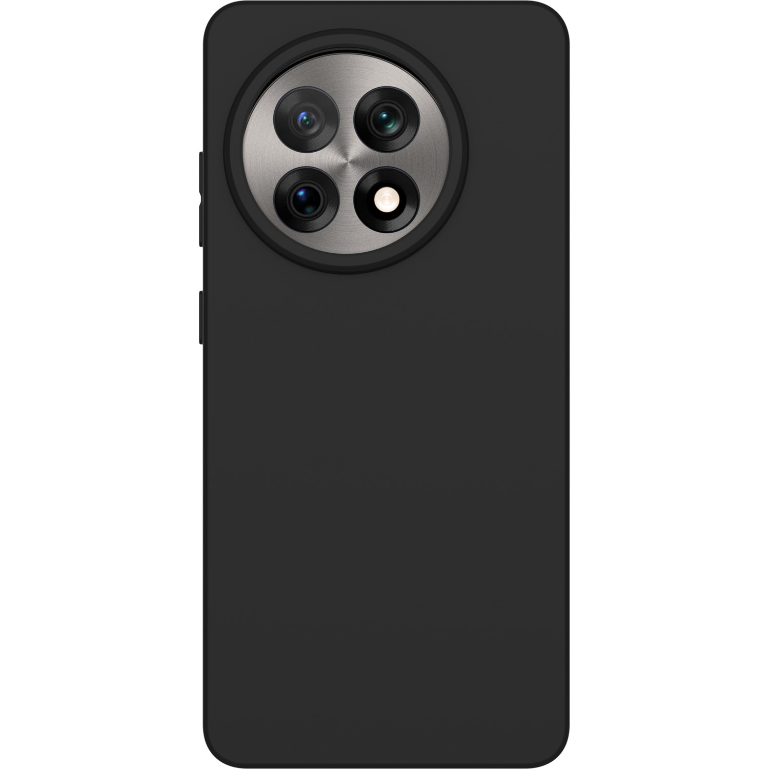 Coque de téléphone noire avec quatre lentilles de caméra à l'arrière, sur fond noir.