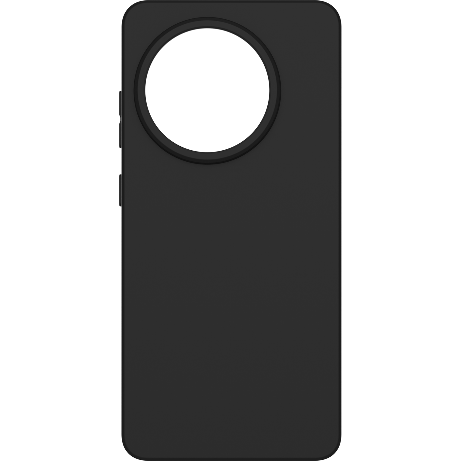 Coque de téléphone noire, vue arrière, avec découpe pour caméra et détail en forme d'anneau.
