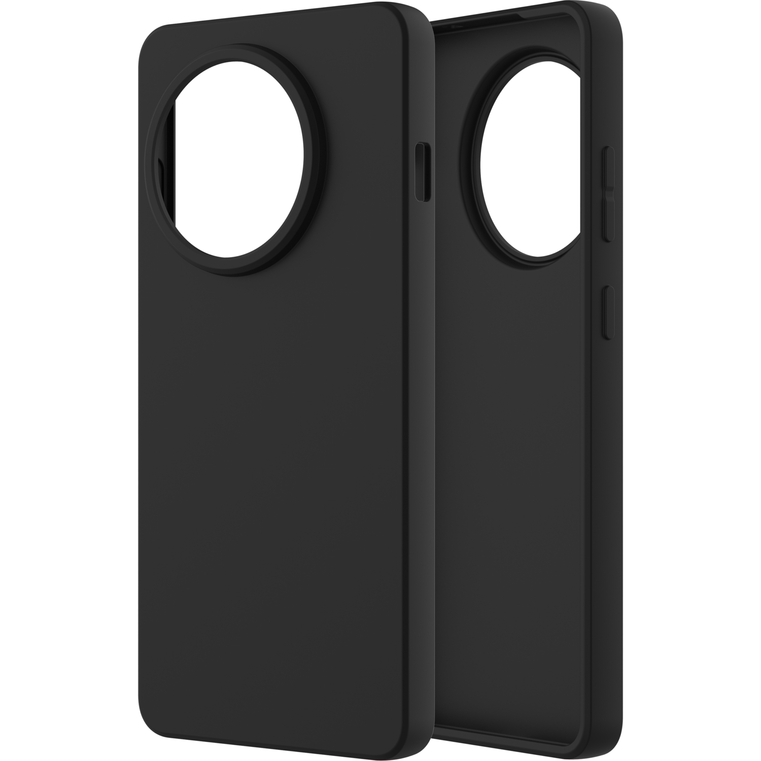 Deux coques de téléphone noires côte à côte, montrant l'extérieur et l'intérieur. Fond noir.