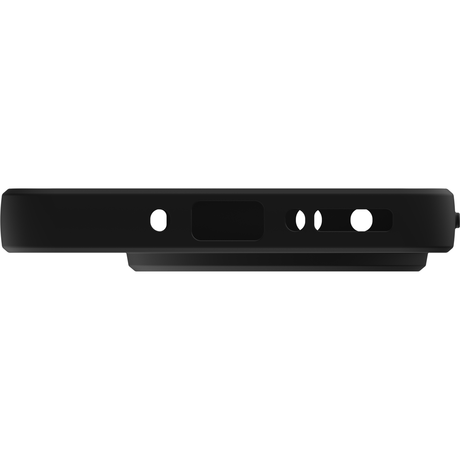 Bas d'une coque noire avec découpes pour ports et trous de haut-parleur.