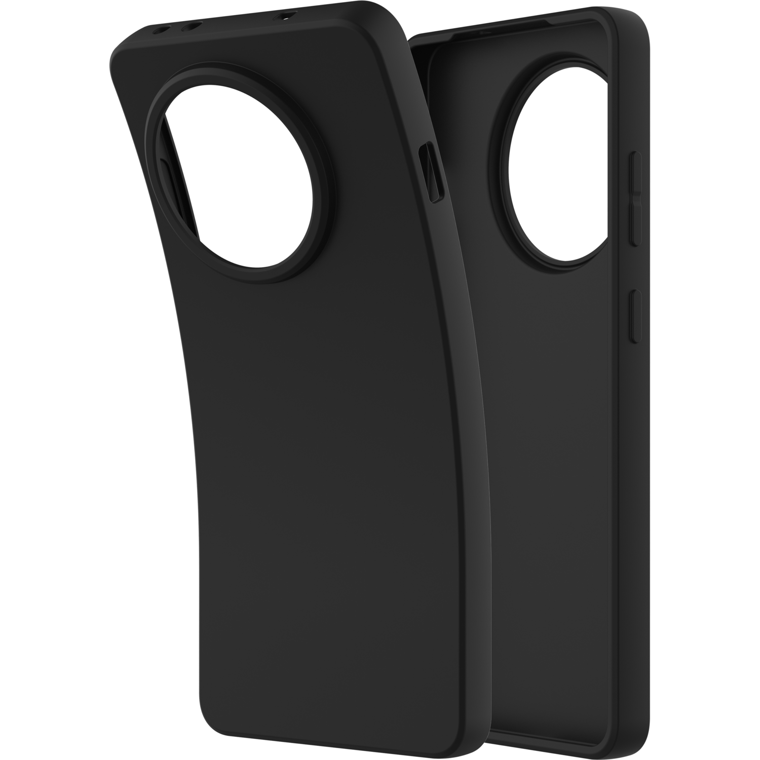 Coque de téléphone noire, ouverte, montrant l'intérieur et la vue latérale.