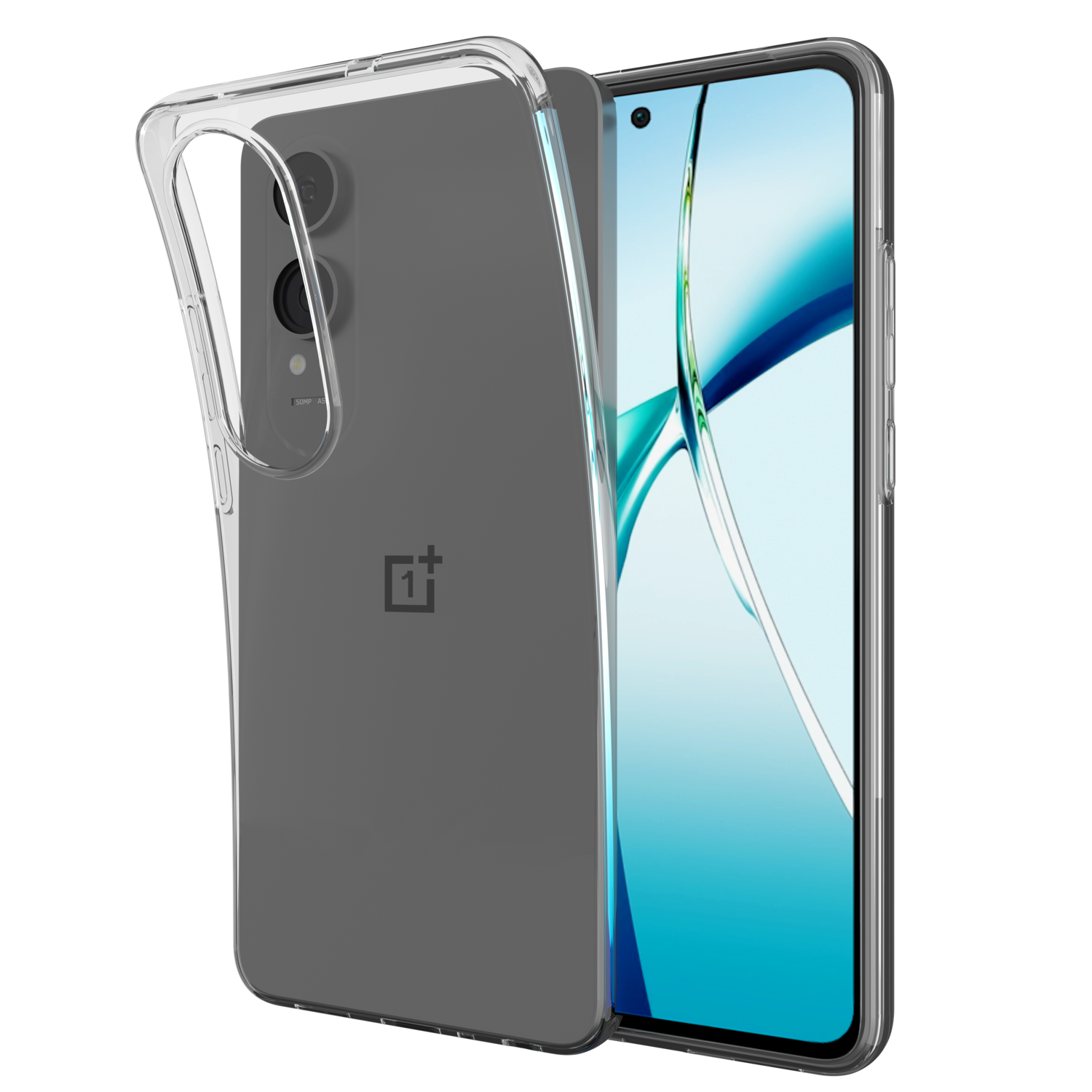 Een telefoon en een doorzichtige beschermhoes. De telefoon is donkergrijs, met een cameramodule. De hoes is transparant.