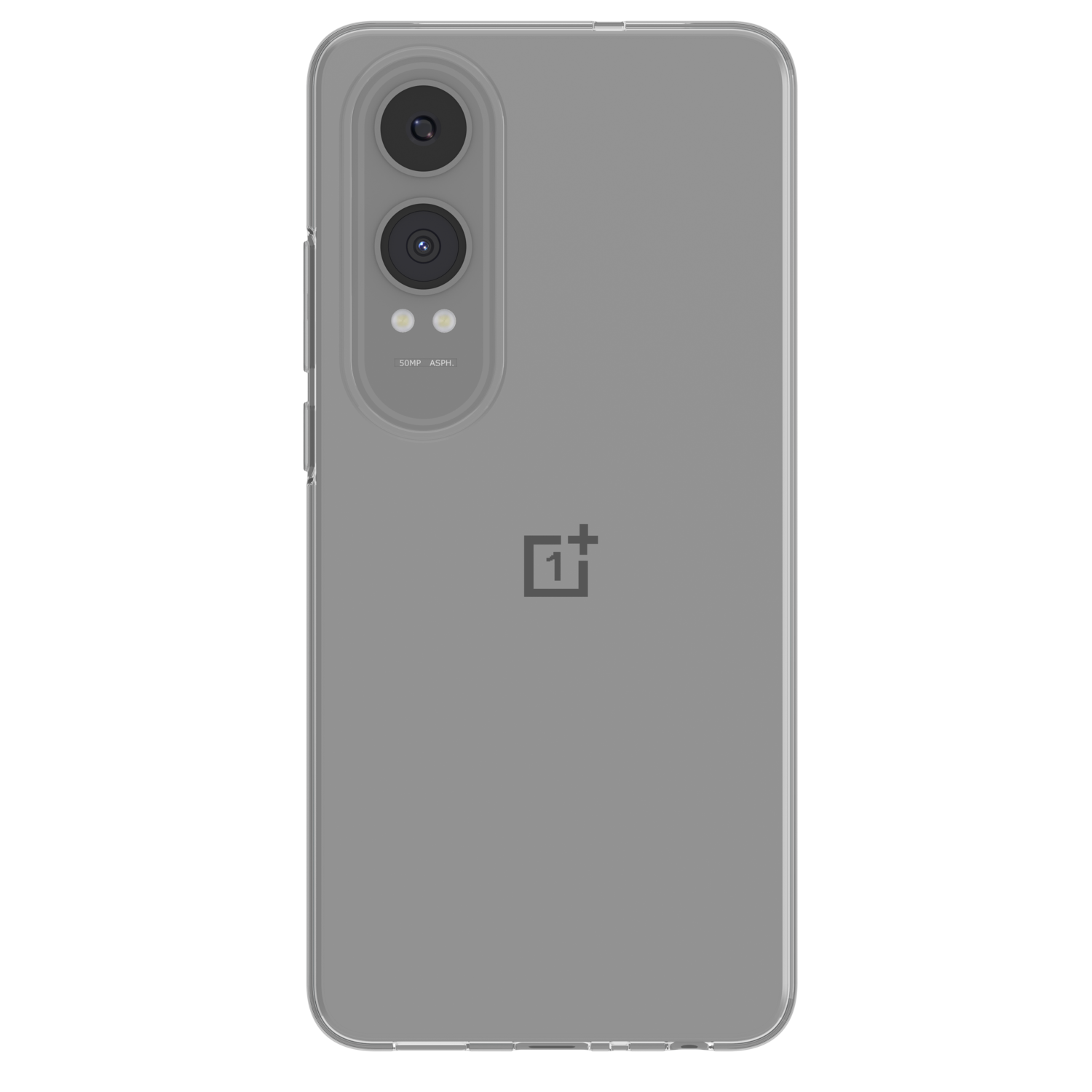 Achterkant van een grijze telefoon met een camera-opstelling en logo, op een zwarte achtergrond.