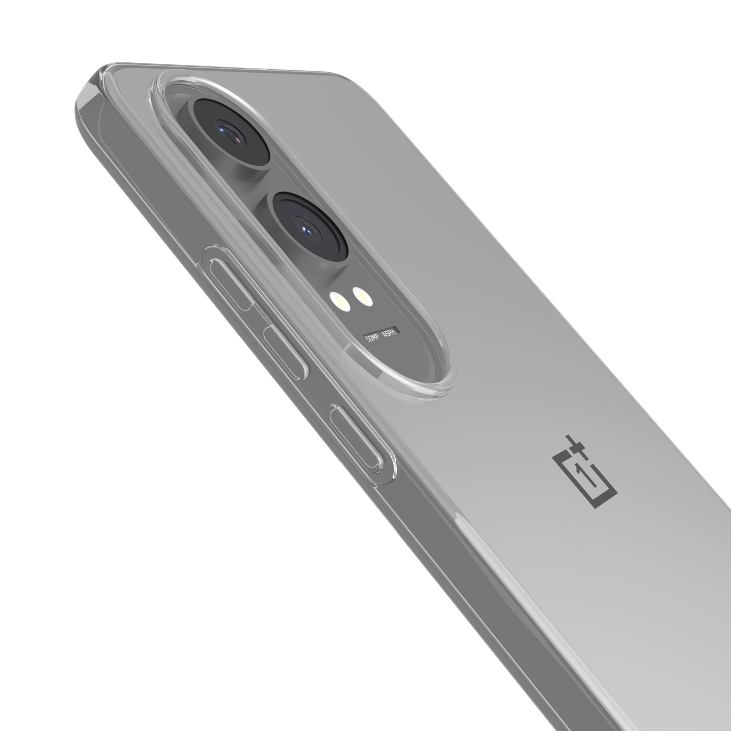 Smartphone met een transparante hoes. Zilveren telefoon met twee camera's aan de achterkant, een zwarte rand en een logo.