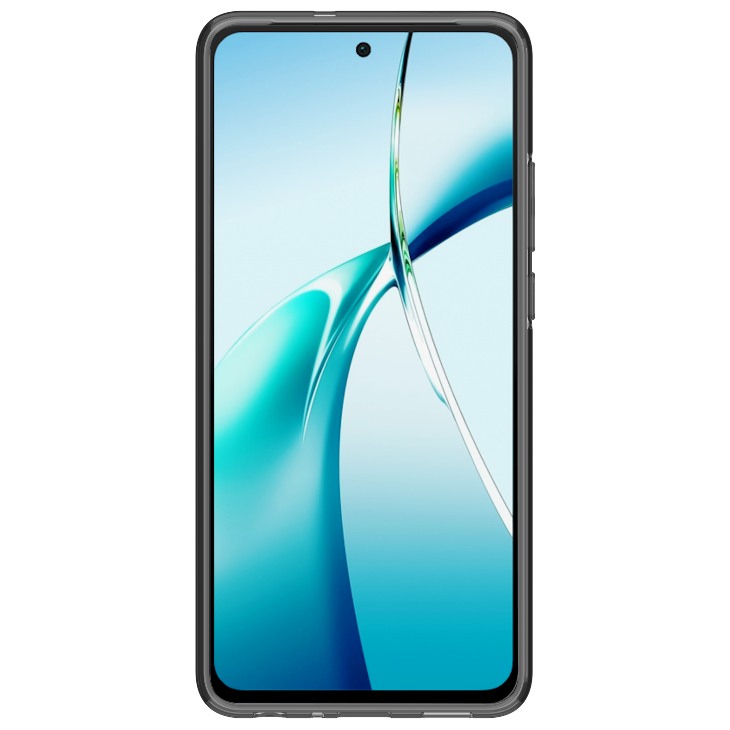 Telefoonscherm met een blauw en blauwgroen abstract ontwerp. Telefoon zit in een doorzichtige hoes. Zwarte achtergrond.