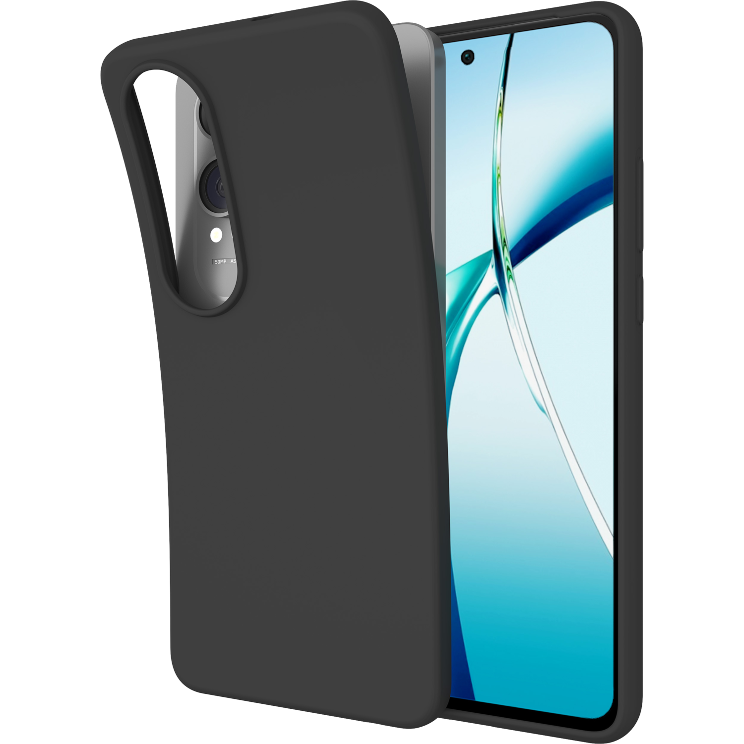 Zwarte telefoonhoes met een gedeeltelijk geplaatste telefoon. De achterkant van de telefoon is zichtbaar.