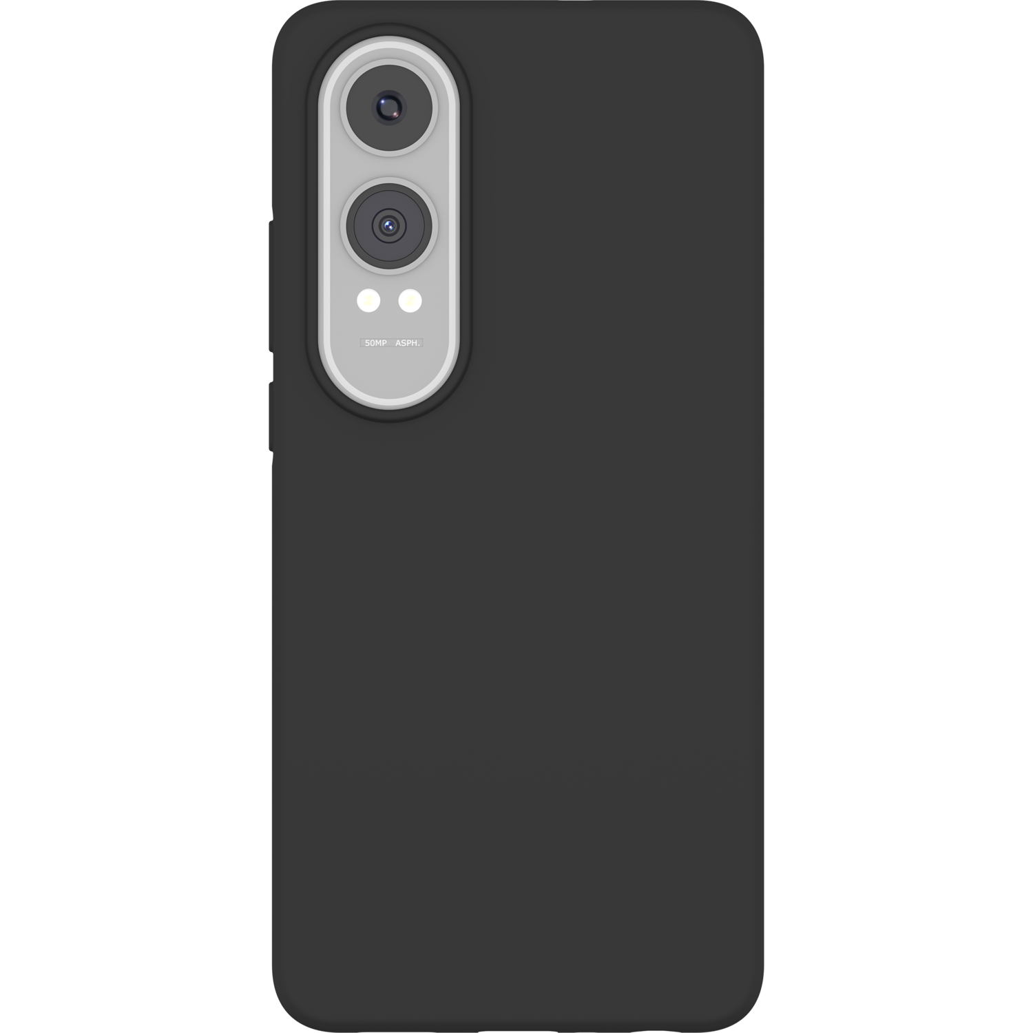 Zwarte achterkant van een smartphone met drie cameralenzen. De telefoon is effen zwart, op een zwarte achtergrond.