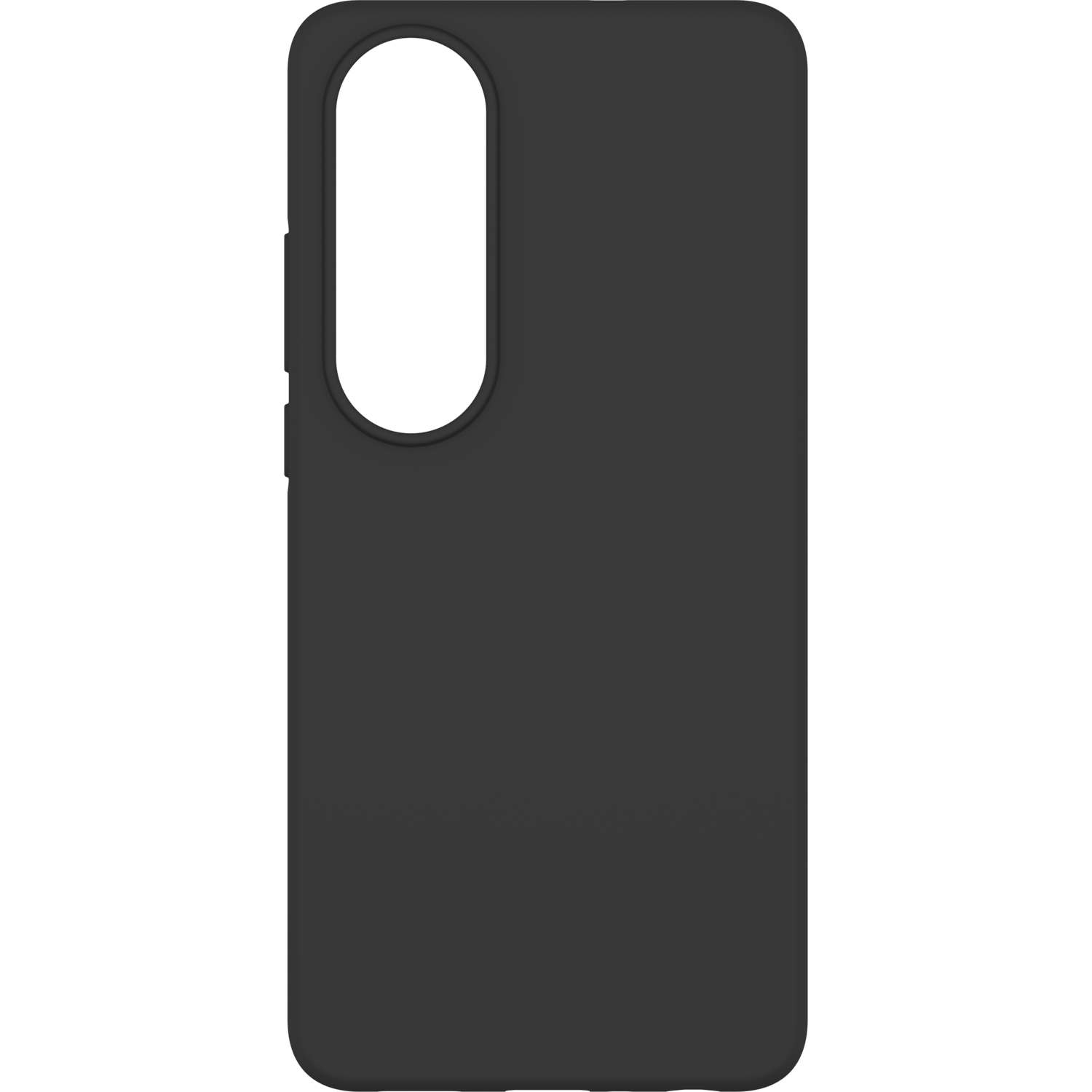 Een zwarte telefoonhoes met een ovale opening voor de camera.