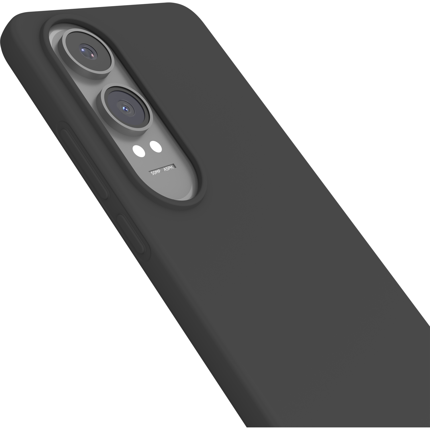 Zwarte telefoon in een hoes, schuine weergave van de achterkant. Toont de camera-opstelling. Zwarte achtergrond.