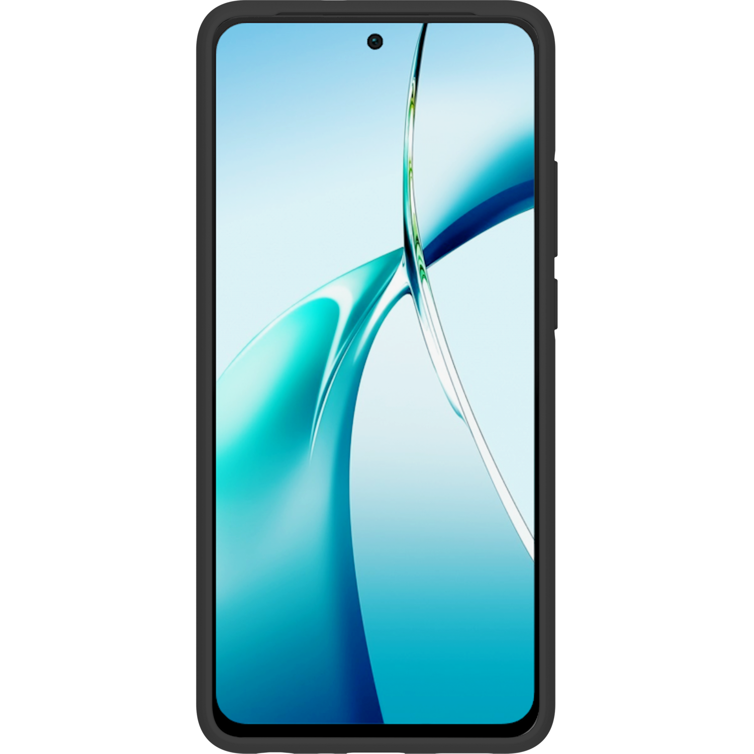 Telefoonscherm met een blauw en blauwgroen abstract ontwerp. Telefoon zit in een doorzichtige hoes. Zwarte achtergrond.