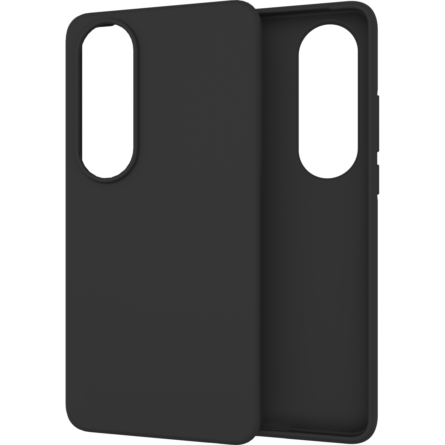 Twee zwarte telefoonhoeshelften, vooraanzicht.