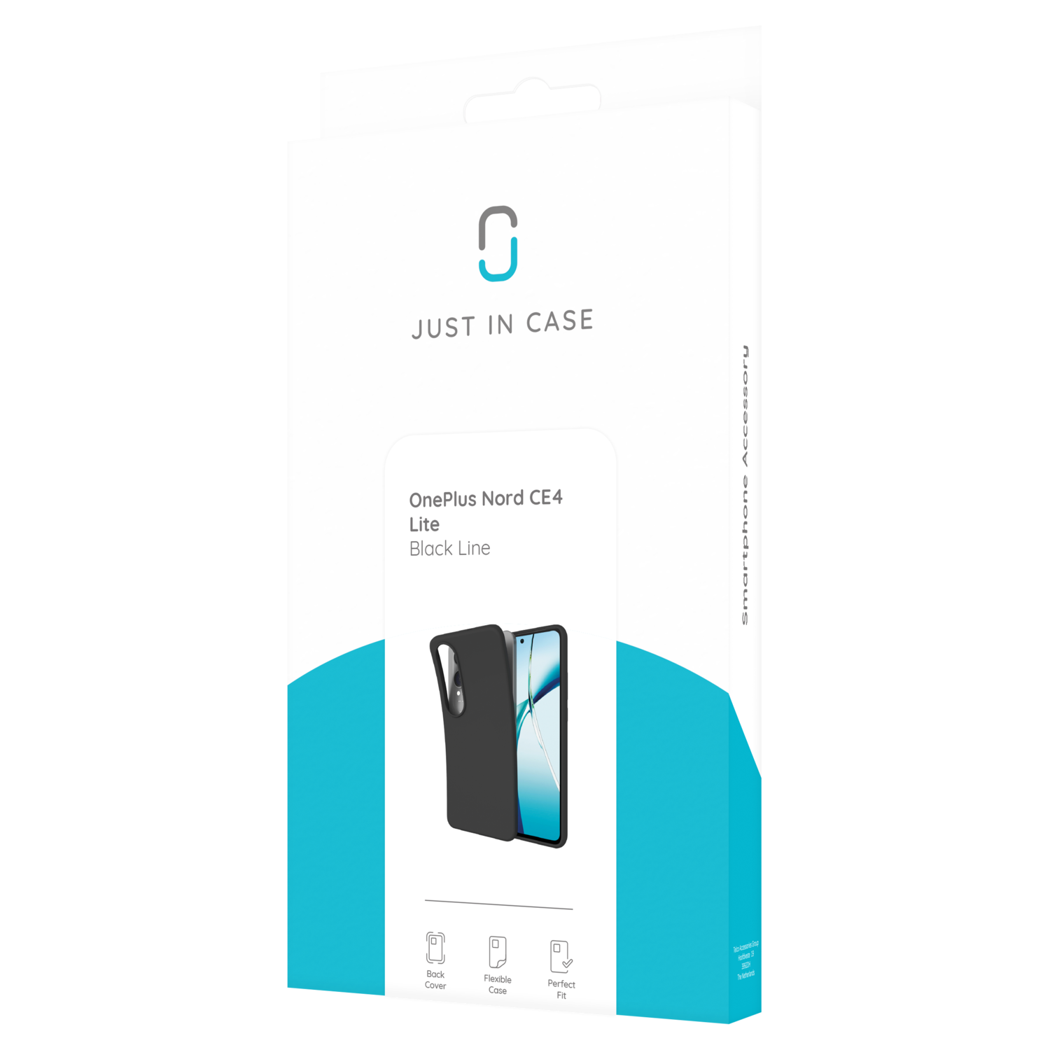 Doos voor een telefoonhoesje, wit met zwarte tekst, merk 'Just in Case', OnePlus Nord CE4 Lite.