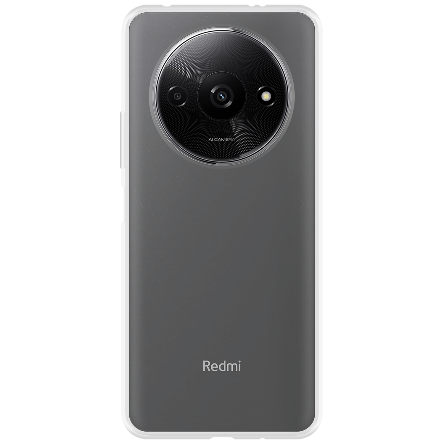 Dos d'un téléphone Redmi gris avec trois caméras et le logo Redmi. Cadre blanc.