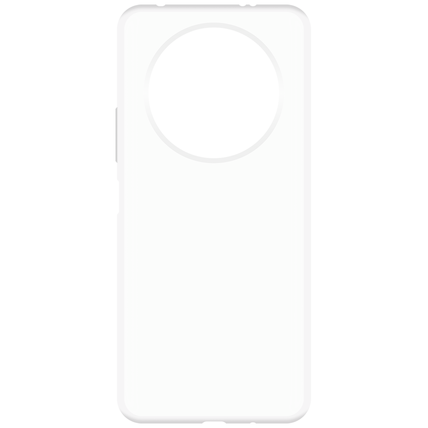 Une coque de téléphone blanche avec une découpe circulaire pour l'appareil photo. Le fond est noir.