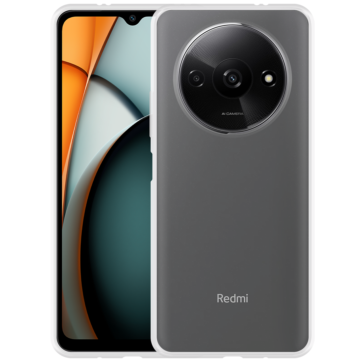 Téléphone gris foncé avec étui gris. L'écran affiche orange et bleu.