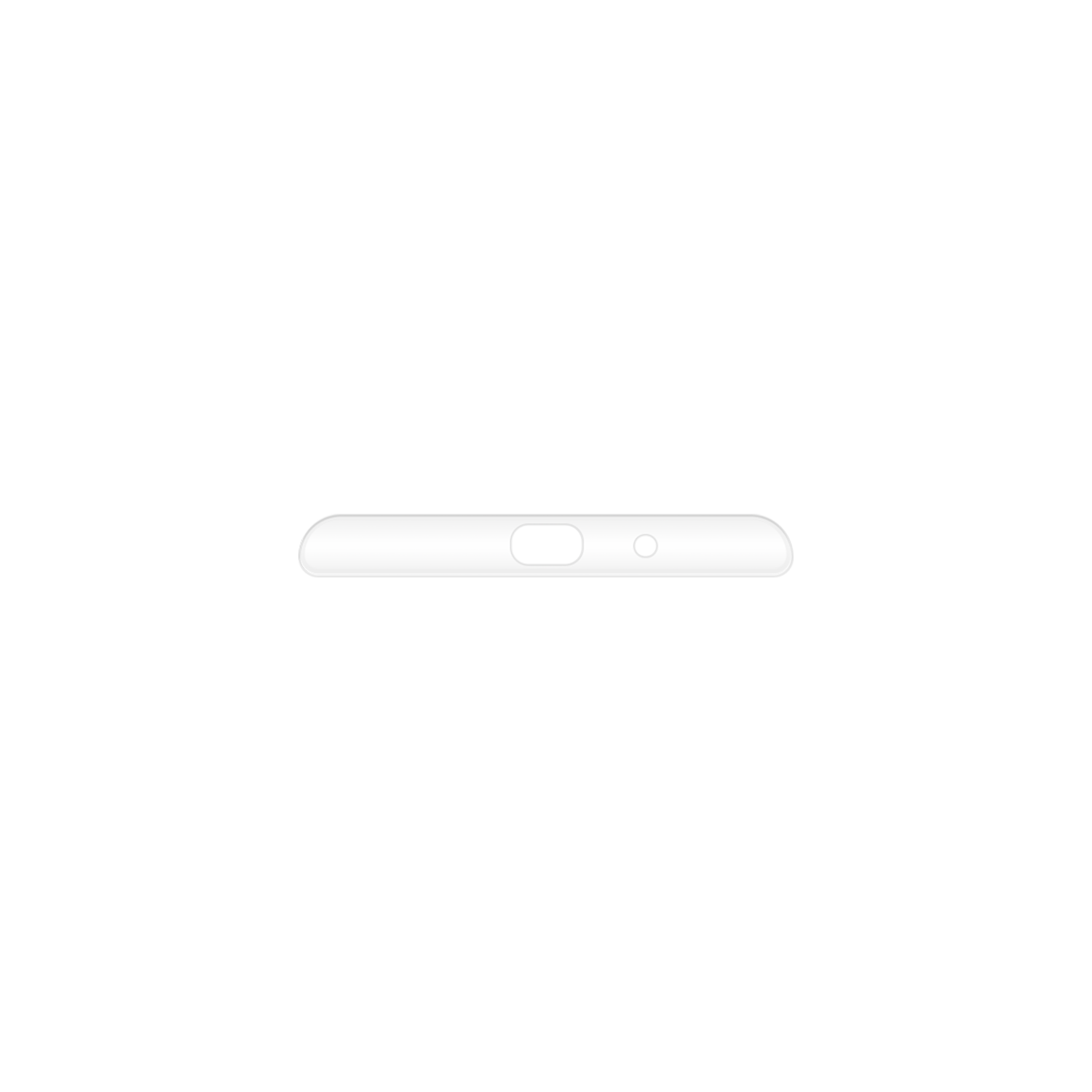 Un objet blanc allongé avec un trou et un point sur fond noir.