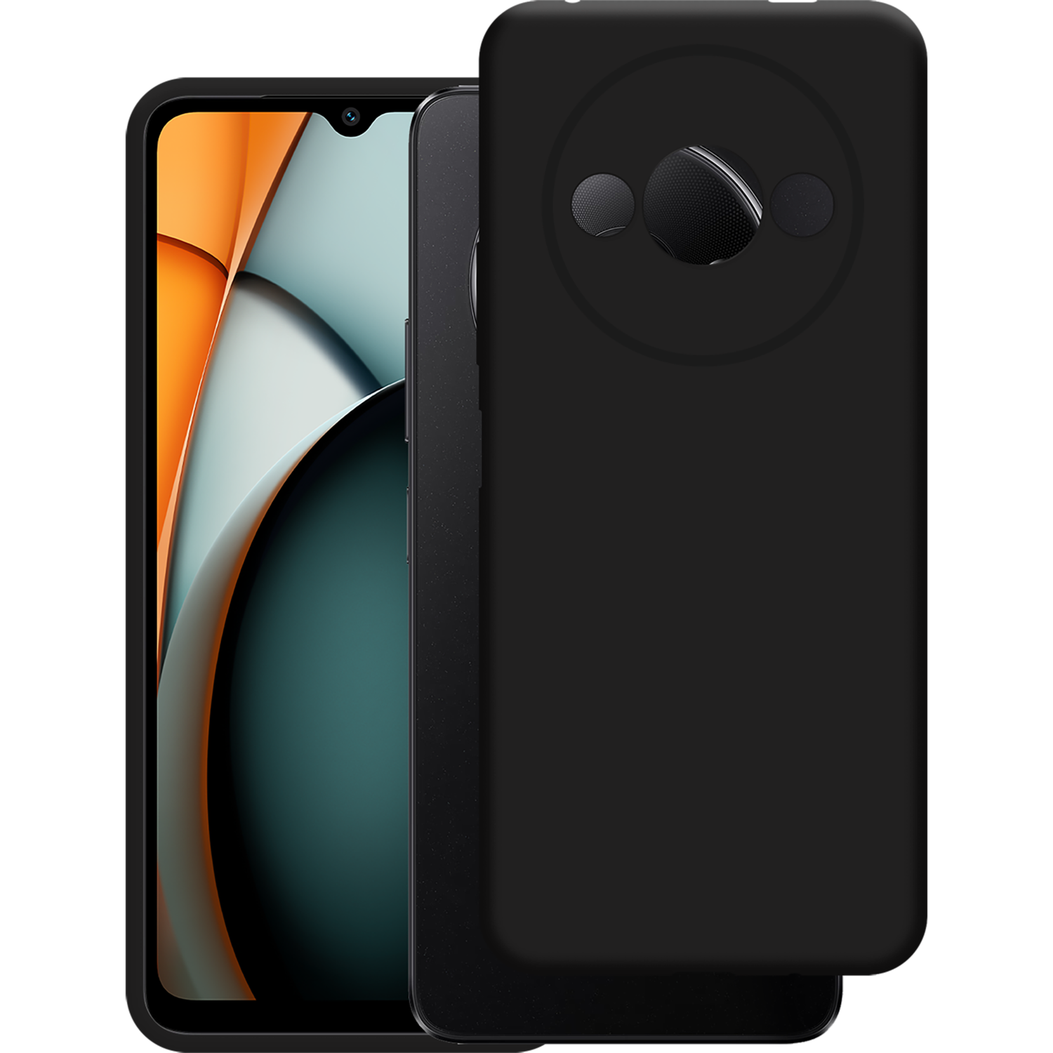 Een zwarte telefoon met een donker scherm. Het heeft een camerabult en een bijpassende zwarte hoes.
