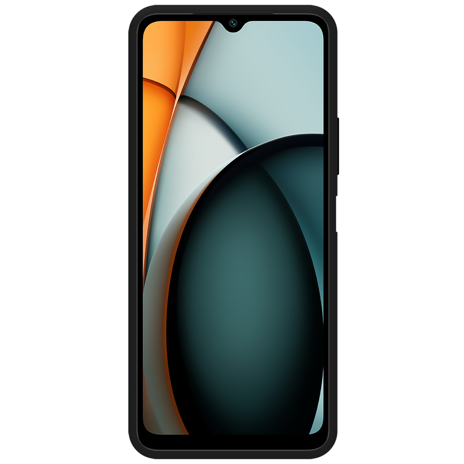 Een zwarte smartphone met een kleurrijk abstract ontwerp op het scherm tegen een effen zwarte achtergrond.